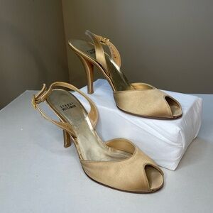 Stuart Weitzman Satin Heels Peep Toe Tan Shoes Size 8